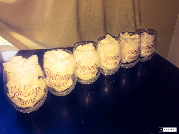 Personalized Stemless Wine Glasses w/ Glitter Base (Set of 6)